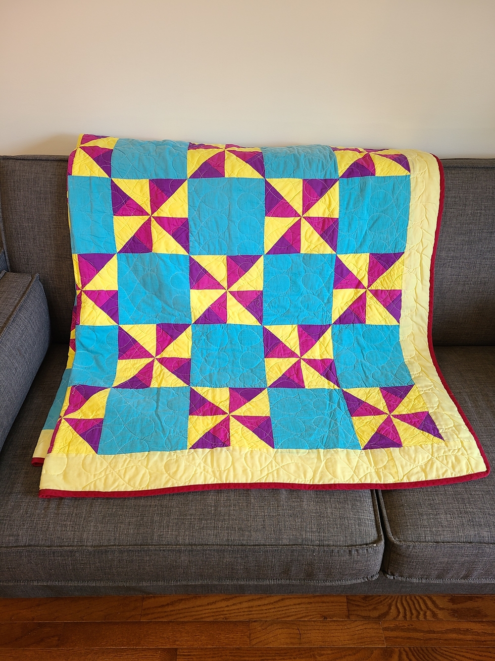 Colorful Pinwheel Quilt - Yellow, Teal & Purple